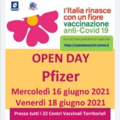 Open Day Pzifer mercoledì 16 e venerdì 18 giugno, da oggi aperte le vaccinazioni Open Day Pzifer mercoledì 16 e venerdì 18 giugno, da oggi aperte le vaccinazioni