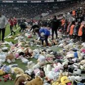 Pioggia di peluche per i bambini colpiti dal sisma durante la partita di calcio Pioggia di peluche per i bambini colpiti dal sisma durante la partita di calcio