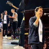 Roger Federer, ospite dai Coldplay, si esibisce in “Don’t panic” Roger Federer, ospite dai Coldplay, si esibisce in “Don’t panic”